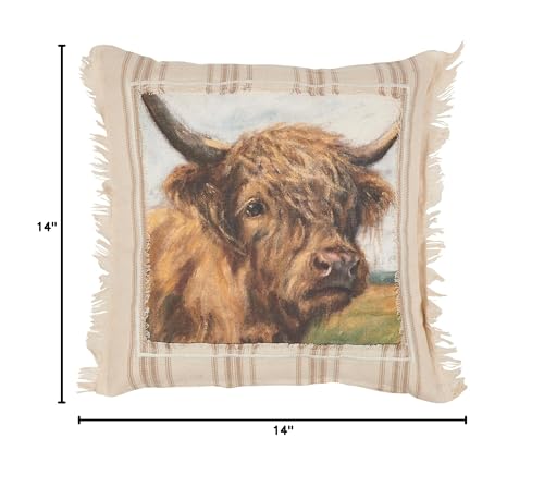 Primitives by Kathy Decorative Pillow - Highland Cow/Zipper Cover/Farmhouse Collection/Featuring a Stitched Art Panel/Frayed Border/Rustic/Homestead/Throw Pillow/Couch/Office Decor/farmlife