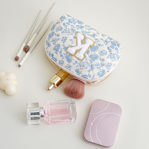 JOVAKIT Blue Floral Initial Makeup Bag - Letter K Travel Pouch