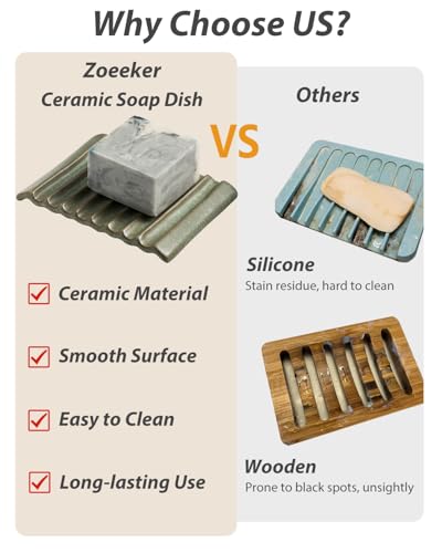 Zoeeker Ceramic Soap Dish - Wave Design, Self-Draining Holder in Green