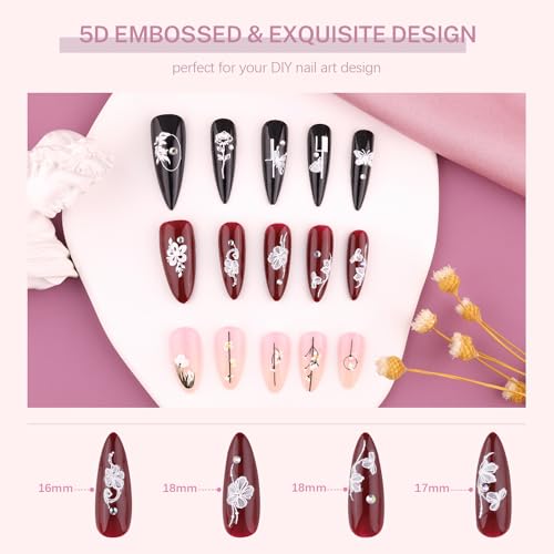 BELLEBOOST 6 Sheets 5D Flower Nail Art Stickers with Tweezer Embossed Floral Decals