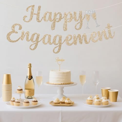 Pre-Strung Happy Engagement Banner - Gold Glitter Party Decoration