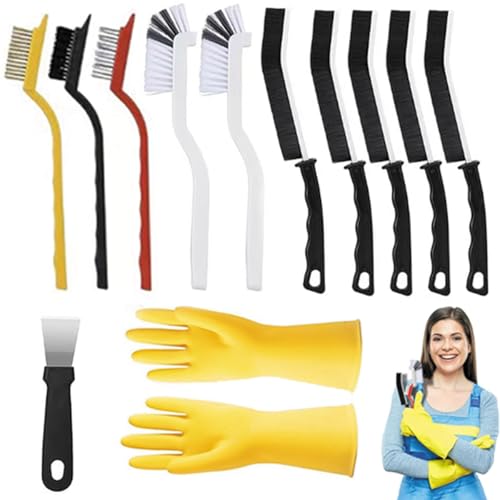 Crevice Cleaning Brush Set with Rubber Gloves - 12-Piece Kit for Home & Bathroom