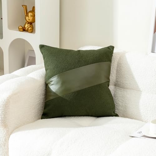 Olive Green Boucle Throw Pillow Covers 18x18, Set of 2 Faux Leather Accent