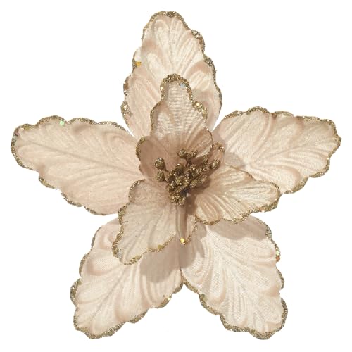 Champagne Poinsettia Christmas Flower Picks Set - Glitter Silk Decorations