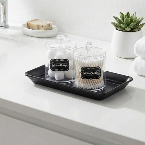 SheeChung Acrylic Qtip Holder Set with Labels - 2 Pack Shatterproof Canisters for Cotton Swabs & Balls