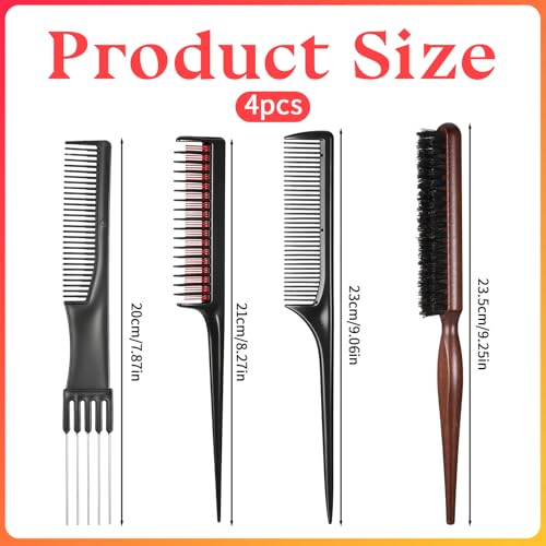 4-Piece Hair Teasing Comb Set Professional Volume Styling Tools with Rat Tail
