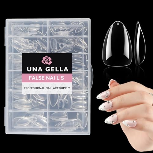 UNA GELLA Short Almond Gel Nail Tips - 216 Pcs Clear Soft Acrylic Full Cover Fake Nails for DIY Home Extension