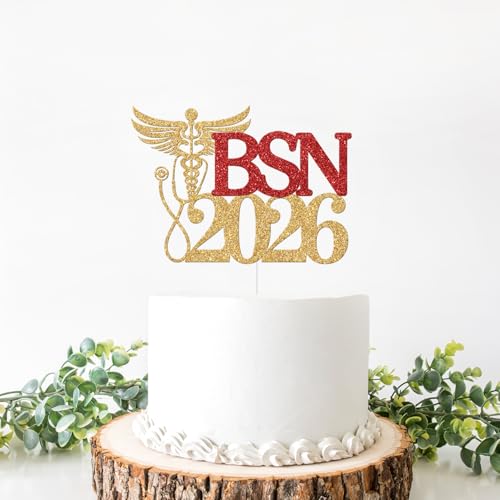 BSN 2026 Graduation Cake Topper Gold And Red Glitter Nursing School