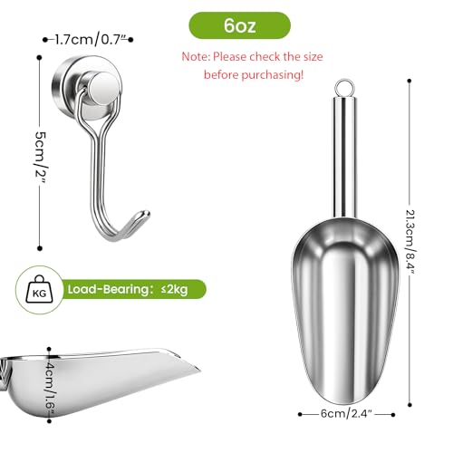 Wapodeai 6oz Stainless Steel Ice Scoop with Magnetic Hook for Kitchen