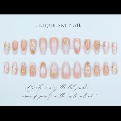 Bloazife 3D Flower French Tip Press On Nails Medium Almond False Nails