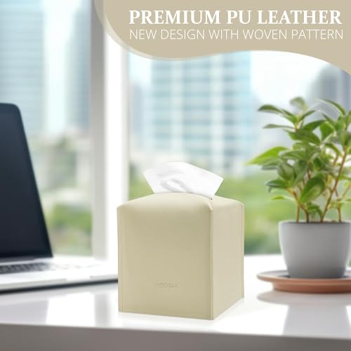 AZORMI Faux Leather Tissue Box Cover with Bottom Belt - Modern Square Design, Wide Opening, Beige