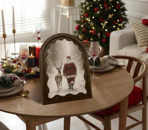 Santa and Reindeer Wood Framed Arch Sign - Christmas Tabletop Decor - Variation 03