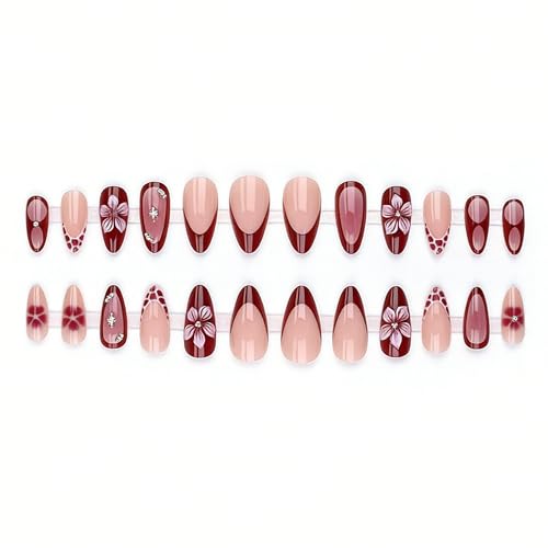 Burgundy Gradient French Tip Press on Nails with 3D Flower & Rhinestones, Almond Fake Nails