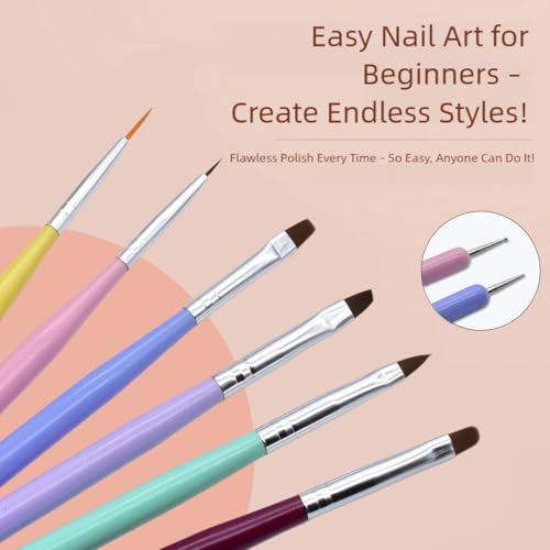JEONEKID 6-Piece Professional Nail Art Brush Set and Dotting Pen for Gel Design