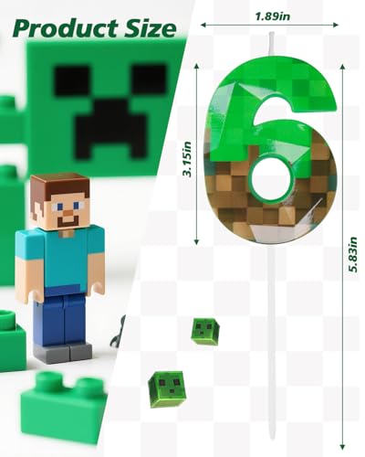 Pixel Number 6 Birthday Candle, Green Miner Theme Cake Topper (2.68 Inch)