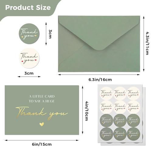 36 Pack Green Thank You Cards with Envelopes, 4x6 Inch Bulk Stationery