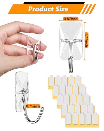 20 Pack Clear Adhesive Utility Hooks - Damage Free Hanging Strips