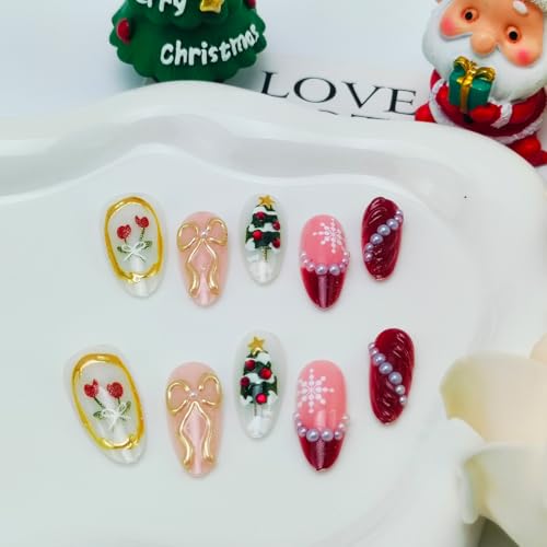 Christmas Press on Nails Medium Almond Red French Tip False Nails 30Pcs