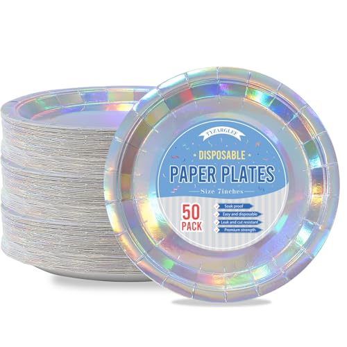 Tyzarglef 7-Inch Iridescent Disposable Paper Plates - 50 Count Bulk