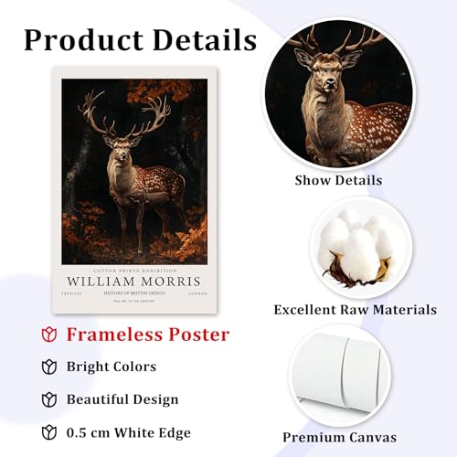 William Morris Vintage Dark Deer Wall Art - 16x24in Frameless Canvas