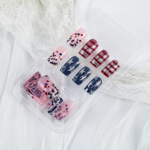 Independence Day Press on Nails Short Square Glossy Acrylic Star Design