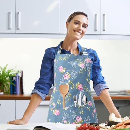 DILLMAN Floral Cotton Linen Apron for Women with Pockets
