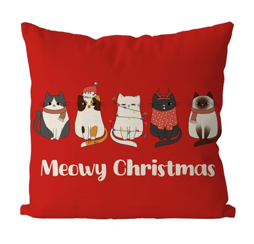 Christmas Cat Throw Pillow Cover, Red 18x18 Inch Decorative Xmas Cushion Case