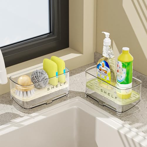Green Acrylic Sponge Holder for Kitchen Sink with Auto-Draining Tray