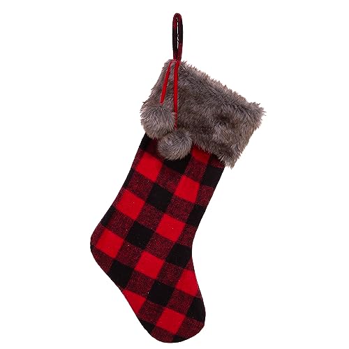 Fabric Holiday Stocking with Faux Fur Cuff - 21 Inches Red and Black Plaid