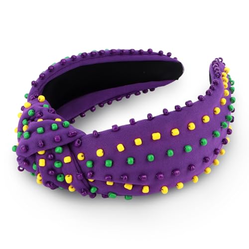 Mardi Gras Beaded Knotted Wide Headband - Purple Green Yellow Festival Hair Accessory