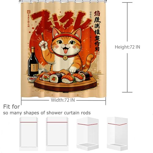 Funny Japanese Cat Shower Curtain, Red Orange Sushi Anime Design 72x72"