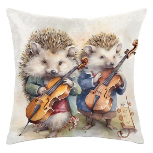 Musical Hedgehogs Throw Pillow Cover - 18x18 Inch Decorative Case