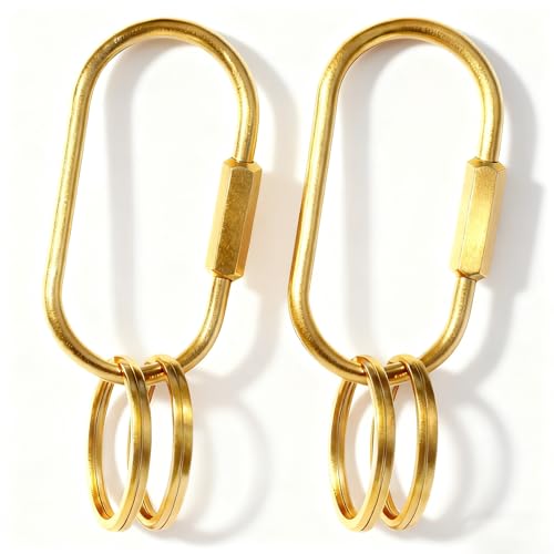 2 Pack Gold Carabiner Key Rings ? Brass Clip with Screw Lock, Key Organizer with 4 Rings, Jewelry Charm Holder for Handbags, Keys & Accessories for Men and Women