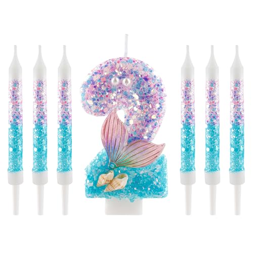 HUIYOULAI Mermaid Number 2 Birthday Candle Set with 6 Tall Candles