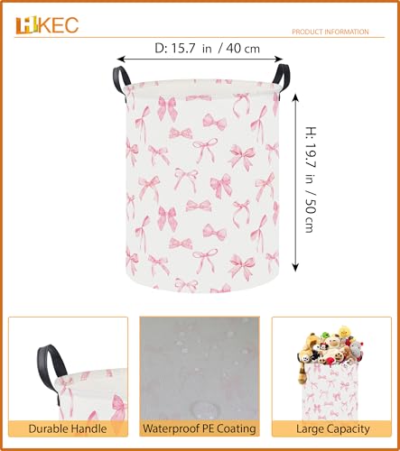 Collapsible Waterproof Laundry Basket - 19.7" Hamper with Handles (Pink Bowknot)