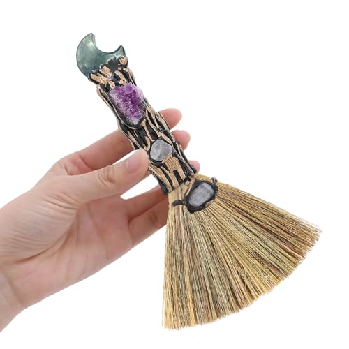 RENEMEGO Witchcraft Fluorite Crystal Broom - Wiccan Decor & Altar Supply