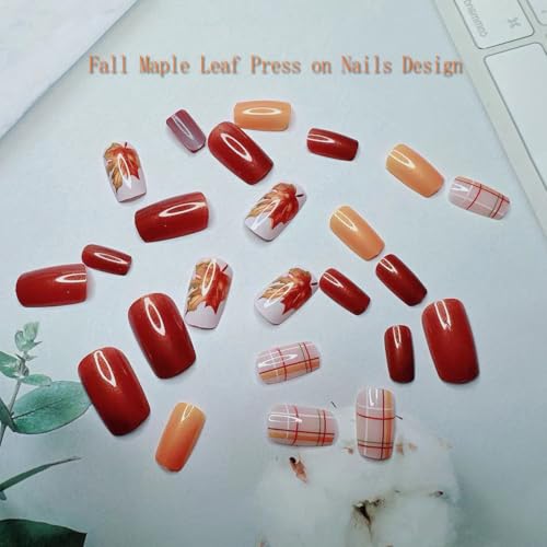 Fall Maple Leaf Press On Nails Medium Square Thanksgiving False Nails