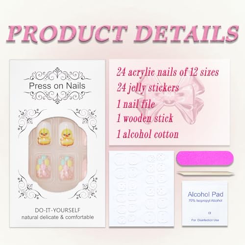 Easter Press on Nails Short Square Pink Fake Nails with Polka Dots 24 Pcs