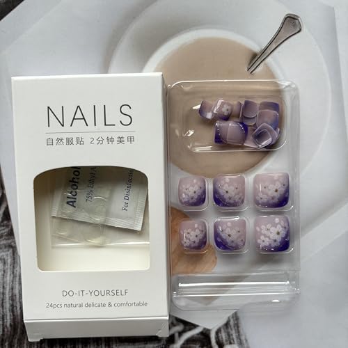 Purple French Square Press-on Toenails Glossy Acrylic False Nails 24 Pcs