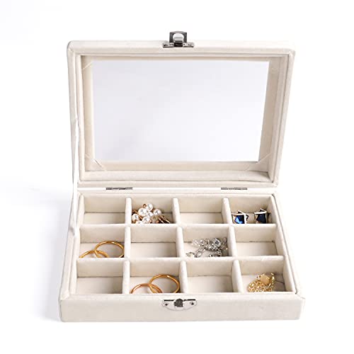 Frebeauty 12 Grid Velvet Earring Organizer Tray - Beige Jewelry Box