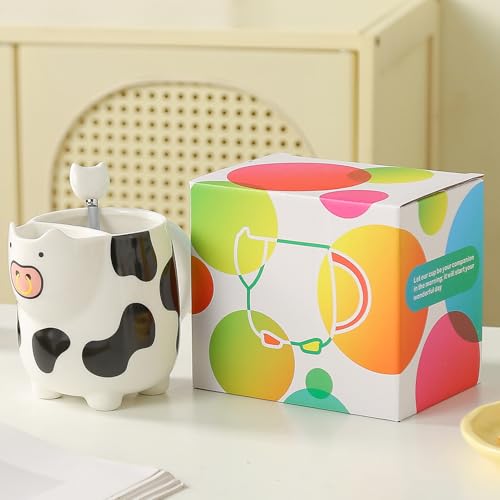 White Cow Mug with Built-in Tea Bag Holder & Spoon - 17oz Ceramic Animal Cup