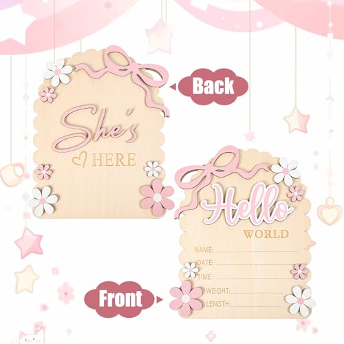 Hello World Newborn Announcement Sign - Double-Sided Baby Welcome Board with Bow & Daisy