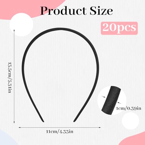 Yolev 20pcs Black Satin Headbands for Women Non-Slip Skinny Hair Bands