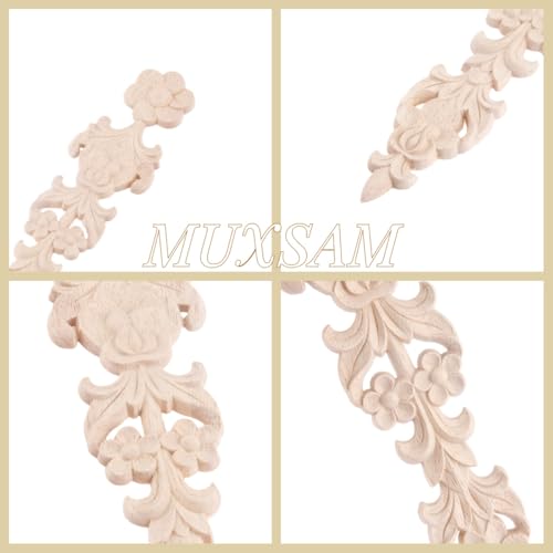 MUXSAM 2Pcs Wood Carved Appliques Onlays Long Flower Decals for Furniture DIY