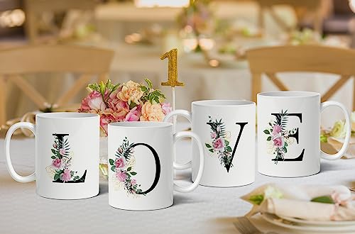 Initial E Monogram Mug - Floral Botanical Alphabet 11 Oz Ceramic Tea Coffee Cup - White Variation