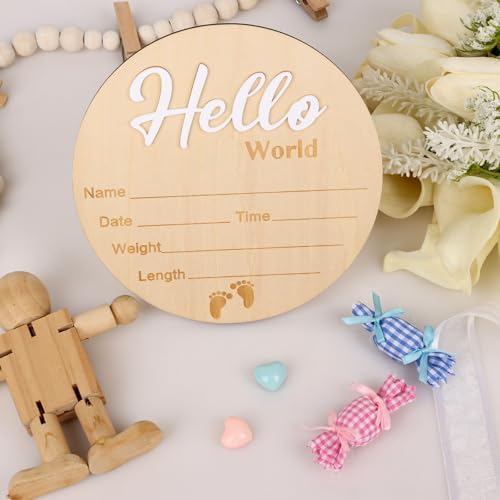 Wooden Baby Announcement Sign - Hello World Newborn Name Plaque