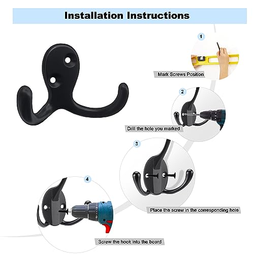 Kruodop 4 Pack Black Heavy Duty Wall Hooks for Coats & Towels - Metal Double Hanger