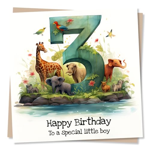 Jungle Animals Birthday Card for 3-Year-Old Boy - UK Design