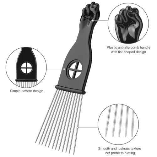 3 Pack Metal Afro Hair Picks - Stainless Steel Wide-Tooth Combs