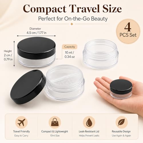 BIDEX 4 Pcs 10ml Travel Loose Powder Container with Rotatable Sifter and Leak-Proof Lid
